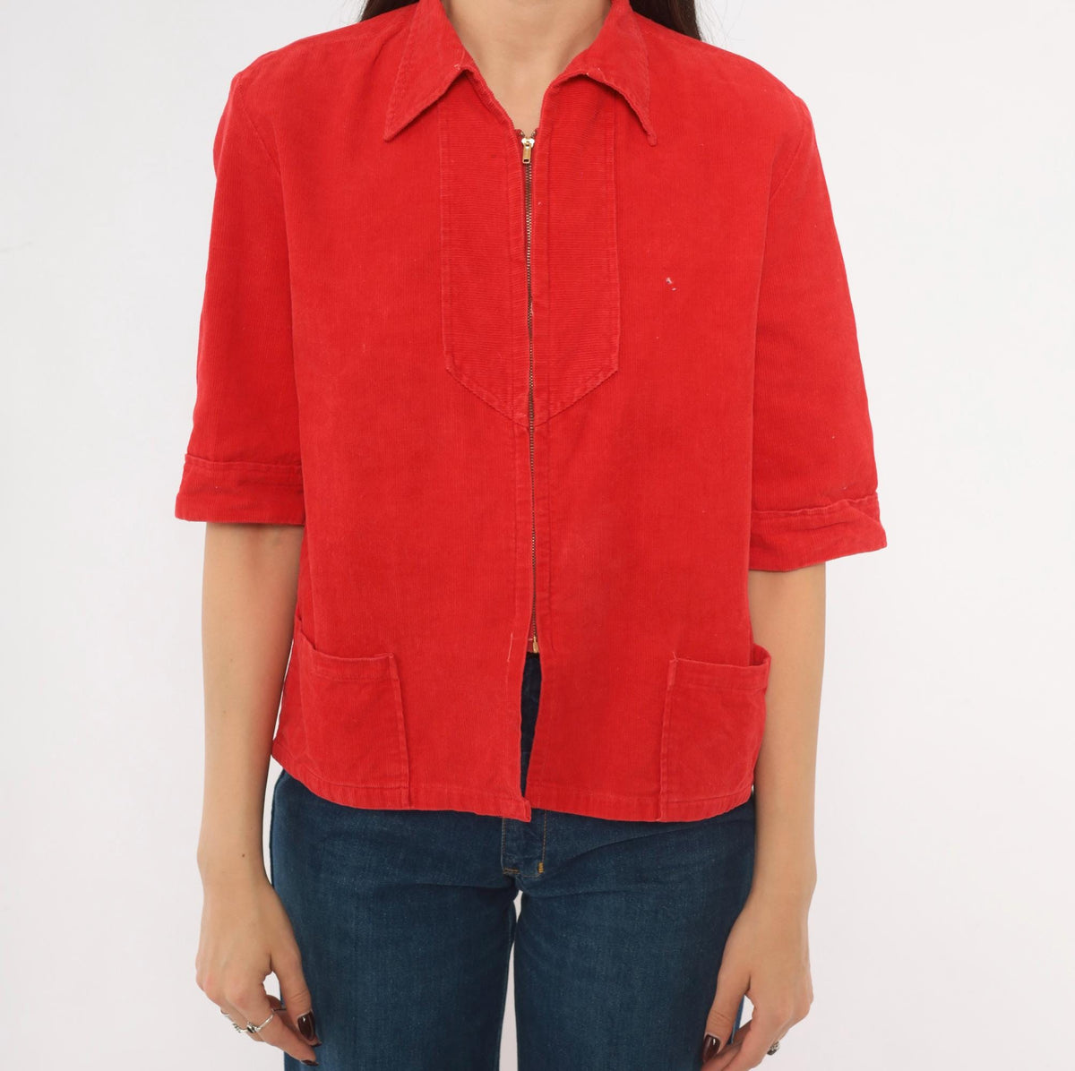 70s Red Corduroy Zip Shirt Pointed Collar Patch Pocket Cropped Blouse Small S