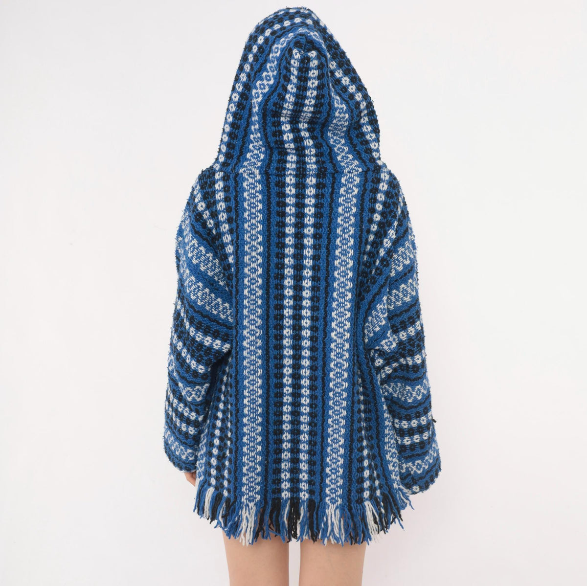90s Cobalt Blue Baja Hoodie Woven Stripe Kangaroo Pocket Unisex Large