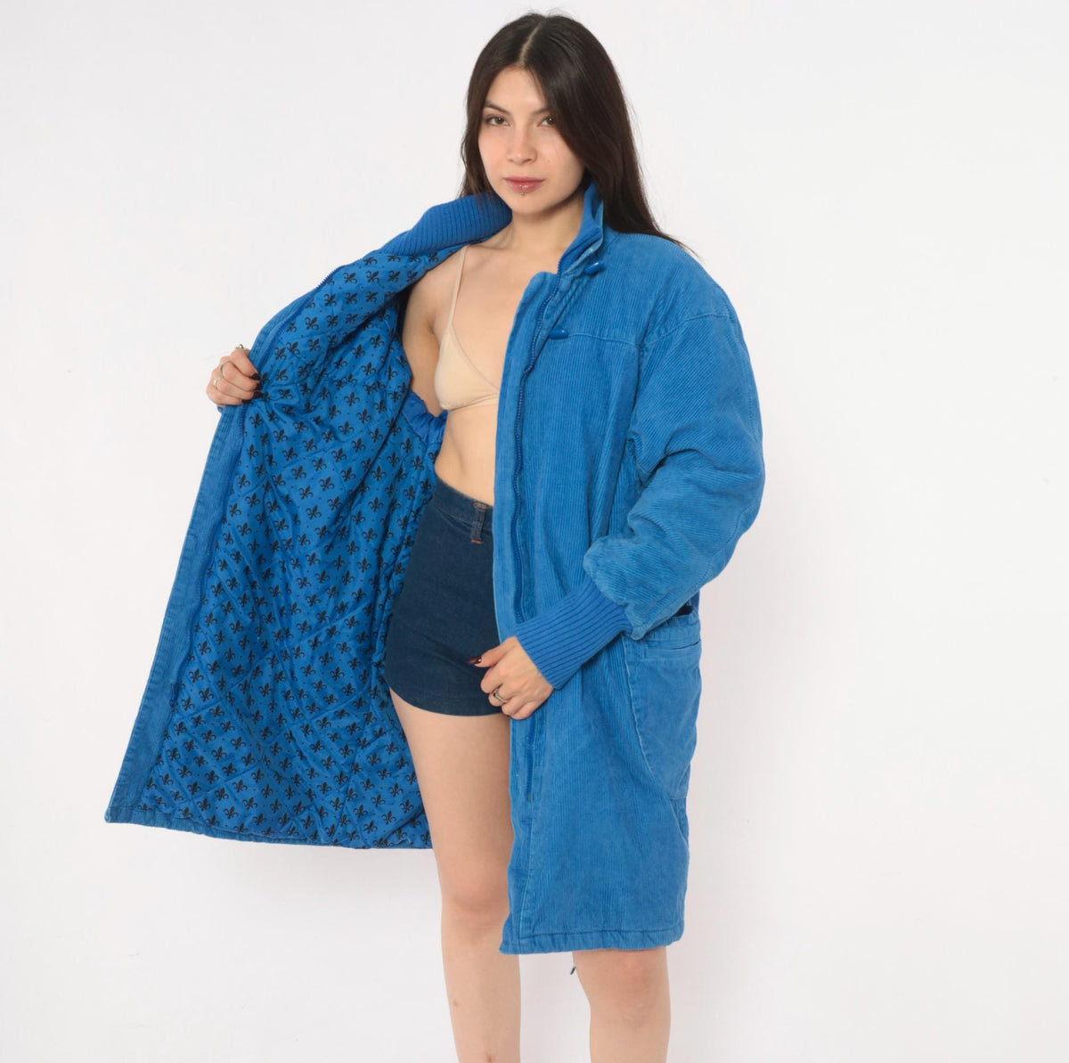 80s Windy Weather Corduroy Coat Blue Zip Front Stand Collar Large L