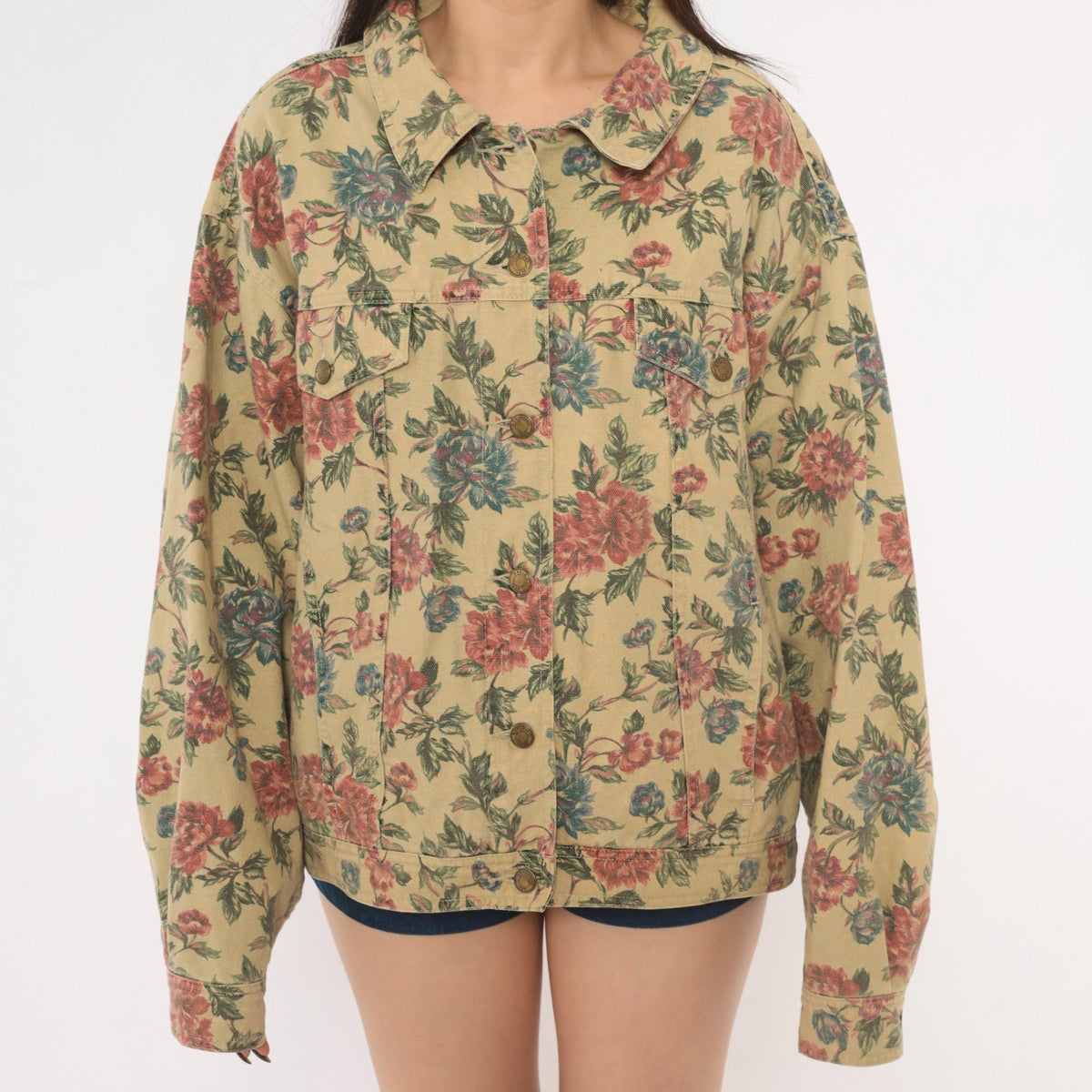 90s Woolrich Floral Denim Jacket Beige Cotton Canvas Pink Rose Print Extra Large XL