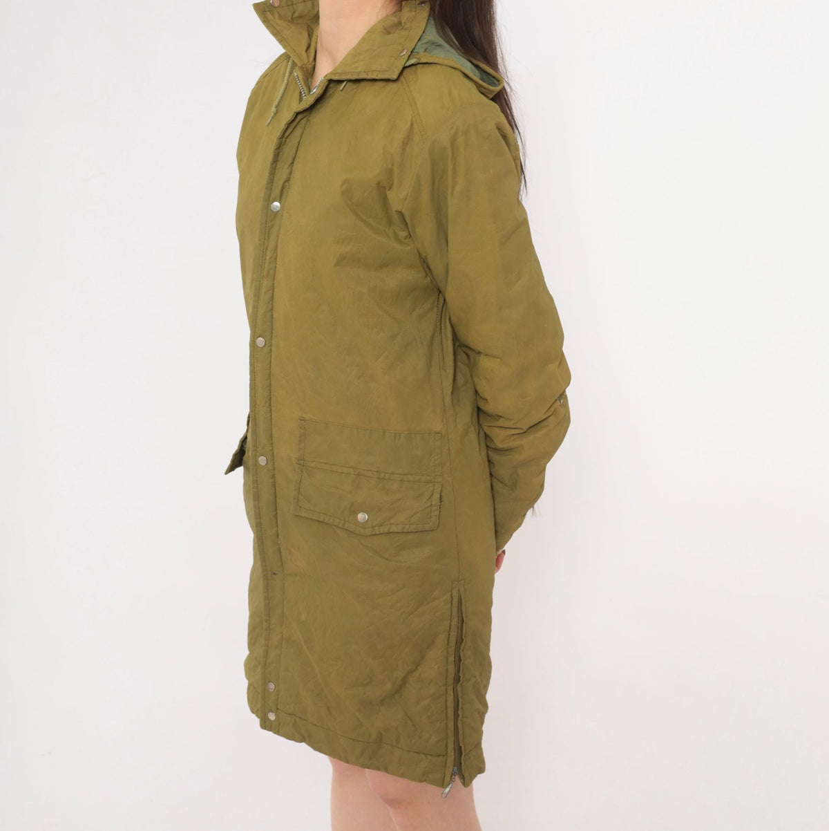 60s Olive Hooded Parka Jacket Nylon Military Field Coat Snap Zip Small
