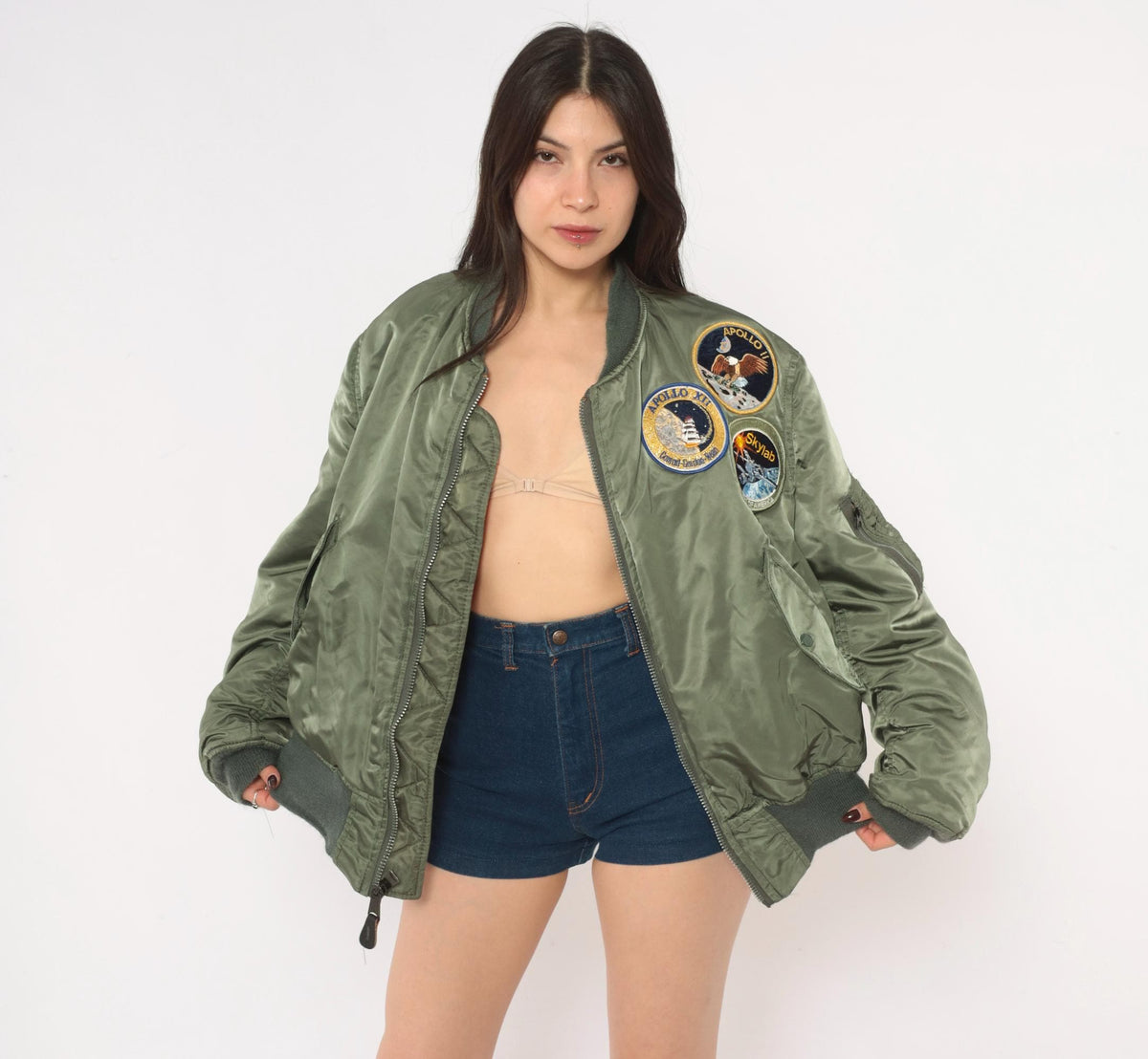 90s MA-1 Bomber Jacket Olive Green Reversible Orange Flight Coat Large L