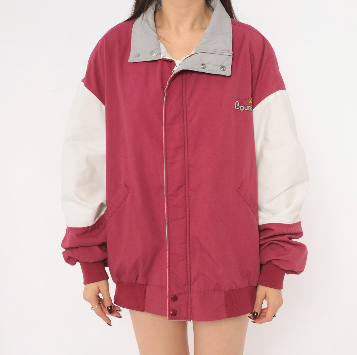 80s Dunbrooke Burgundy Bomber Jacket White Color Block Sleeves Extra Large XL