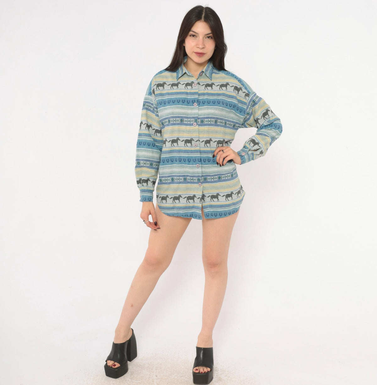 90s CM Company Horse Print Western Shirt Blue Cream Striped Cotton Small