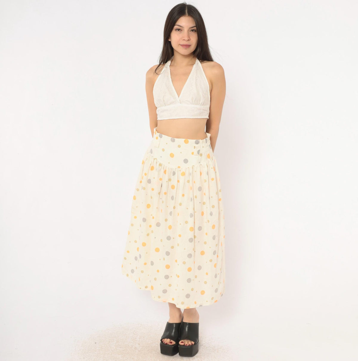 90s Polka Dot Midi Skirt Cream Orange Gray Cotton Gathered High Waist Medium