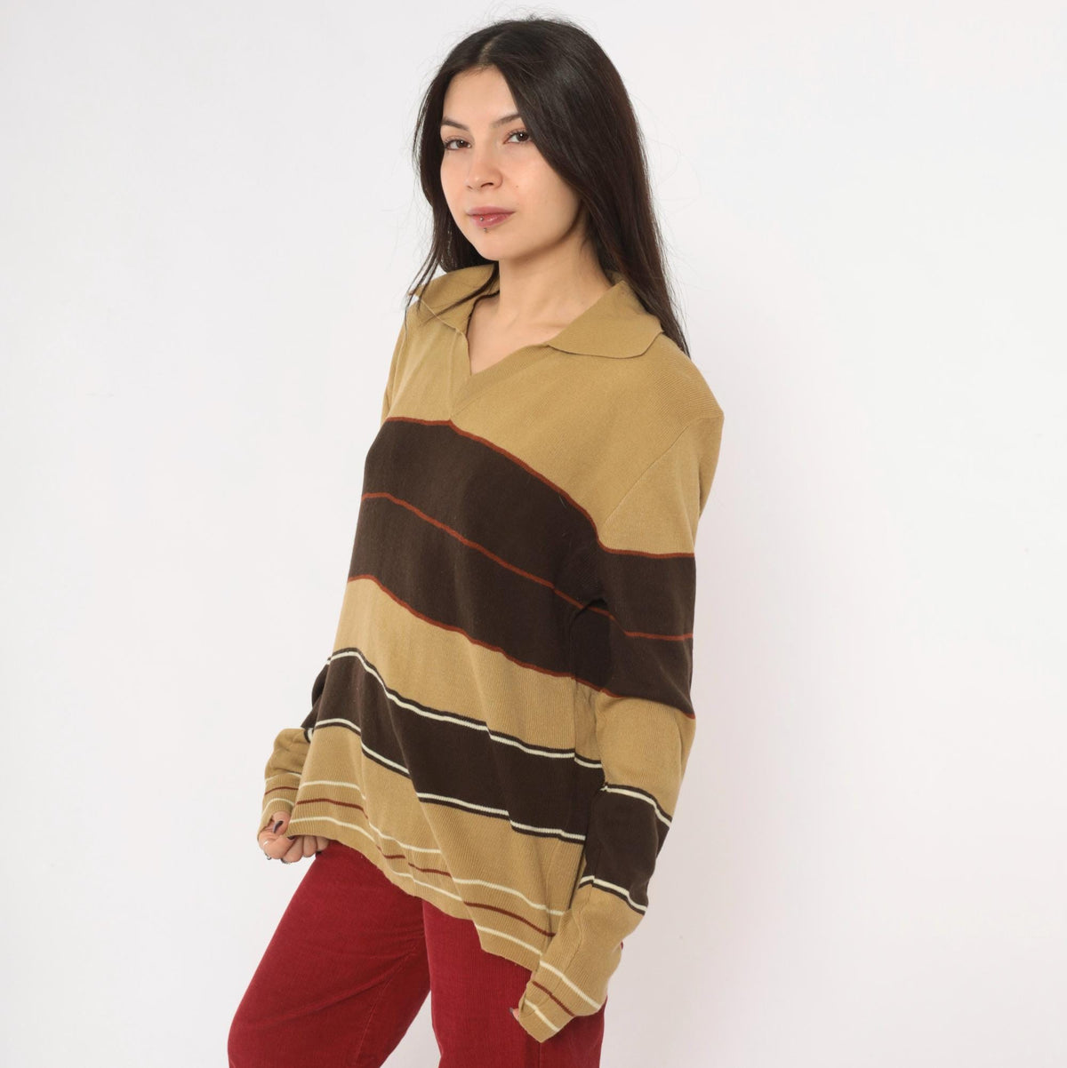 80s Alfie California Striped Polo Sweater Brown Tan Rust Medium