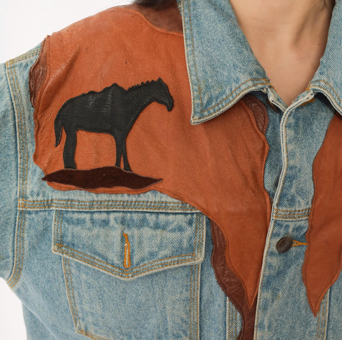 90s Petra C. Wall Denim Jacket Western Leather Cowboy Horse Patchwork Light Blue Medium M