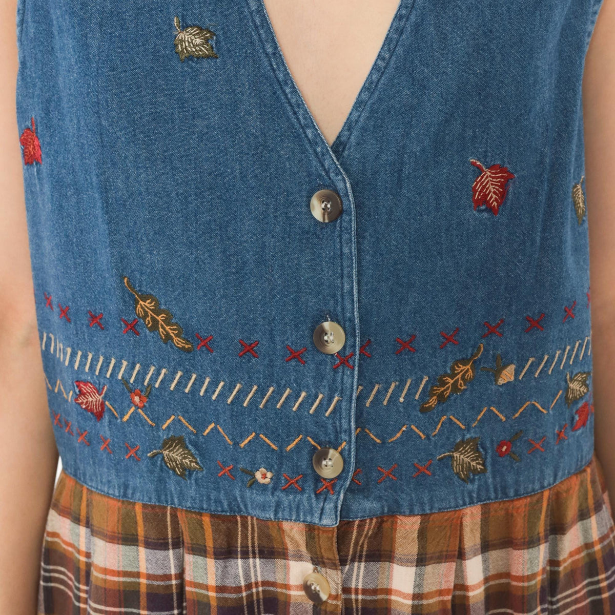 90s Casey&Max Denim Plaid Midi Dress Embroidered Leaves V Neck Large