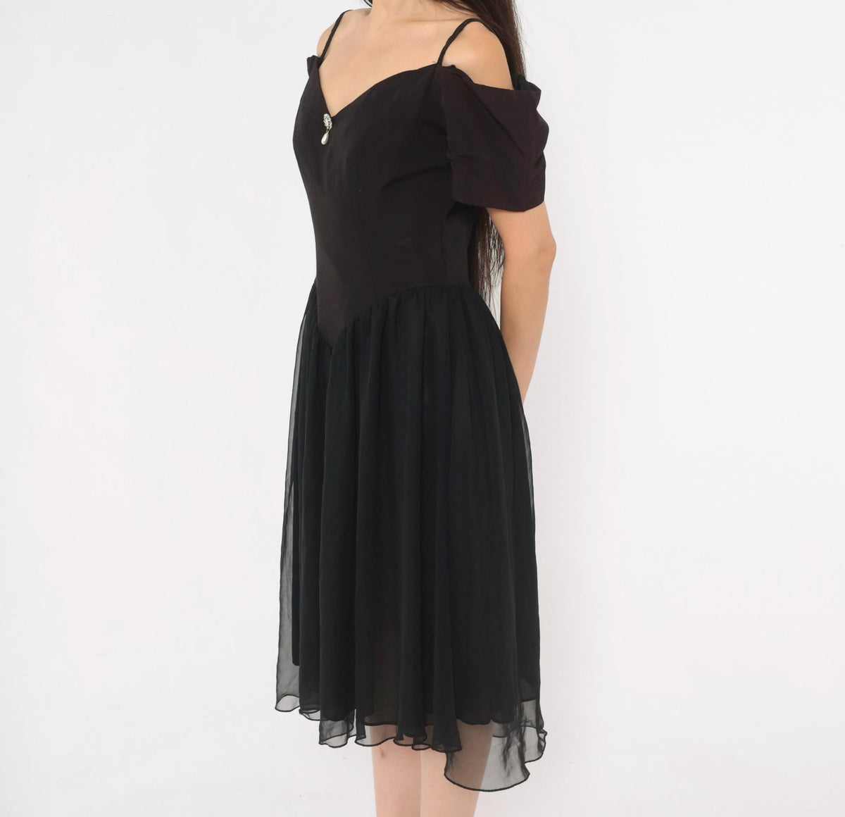 90s Nite Scarlett Black Midi Dress Sweetheart Neckline Puff Sleeve Small