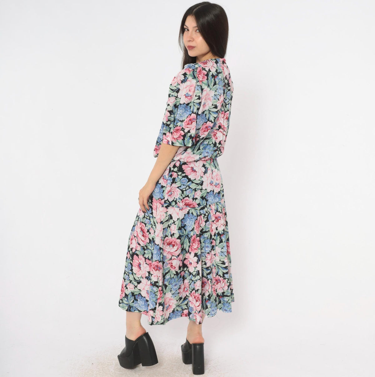 80s Floral Midi Dress Black Pink Rose Lace Collar Puff Sleeve Drop Waist Large L