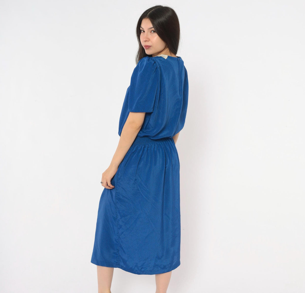 80s Stuart Alan Cobalt Midi Dress Lace Collar Puff Sleeve Dot Print Medium