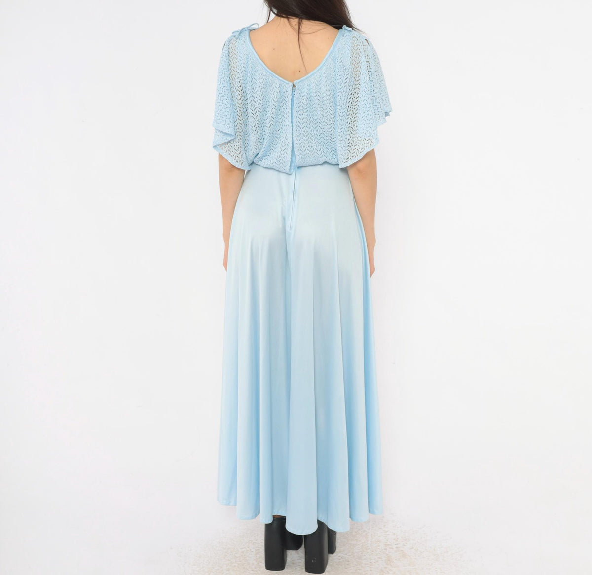 70s Light Blue Maxi Dress Pointelle Knit Capelet V Neck Flutter Sleeve Small