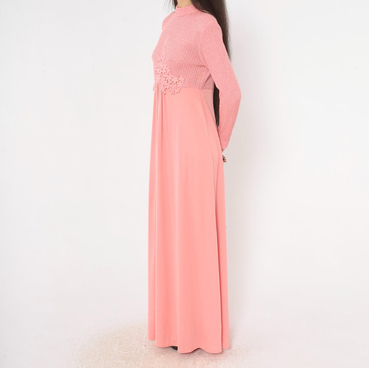 70s Pink Maxi Dress Knit Bodice Floral Lace Empire Waist Long Sleeve Medium