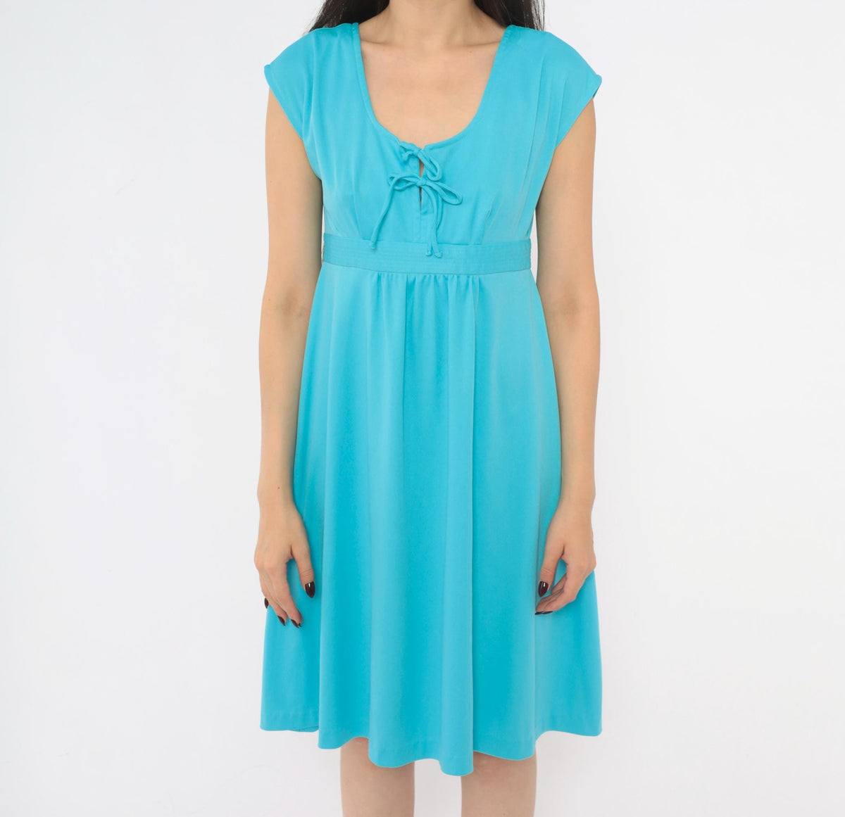 70s Teal Blue Knee-Length Dress Cap Sleeve Empire Waist Keyhole Tie Back Small