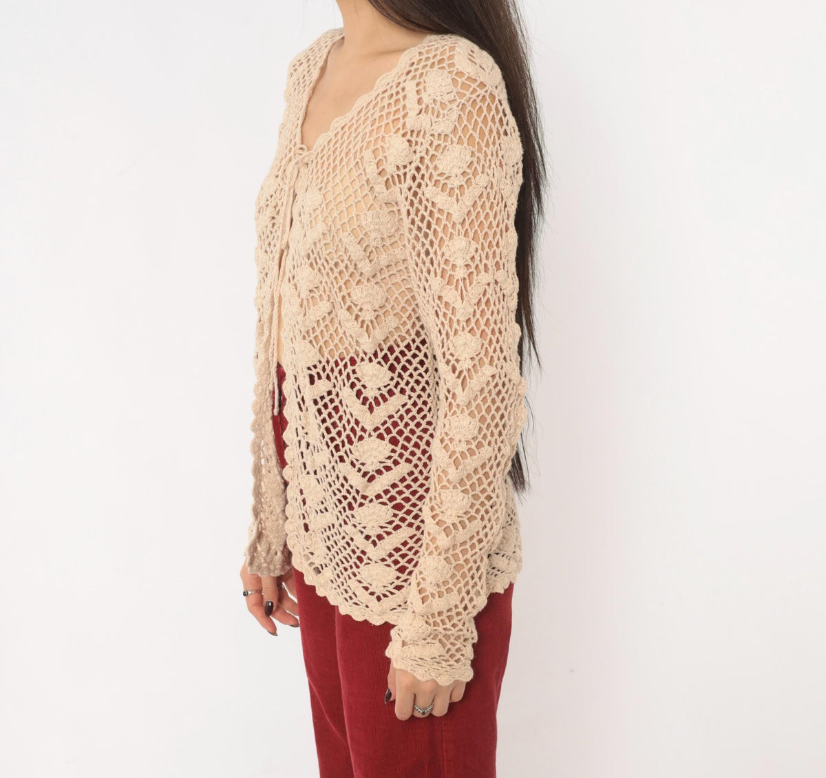 90s Beige Crochet Cardigan Floral Openwork Knit Small S