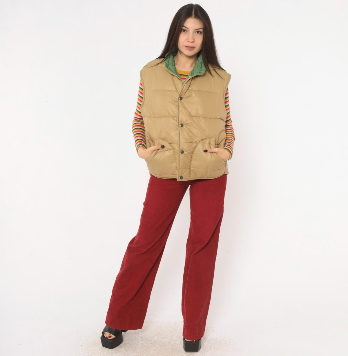 80s Aramis Devin Puffer Vest Tan Reversible Green Quilted Snap Medium