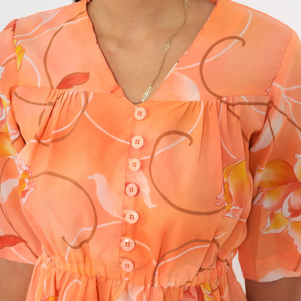 90s Orange Floral Knee-Length Dress V-Neck Button Front A-Line Medium M