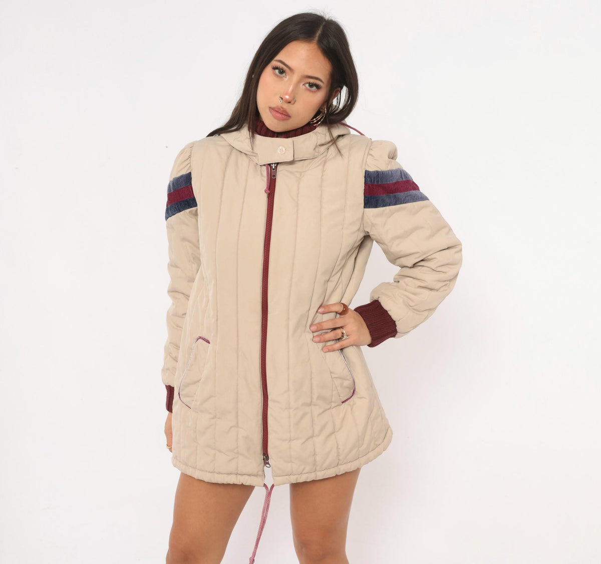 80s JC Penney Cream Puffer Coat Hooded Quilted Ski Jacket Small