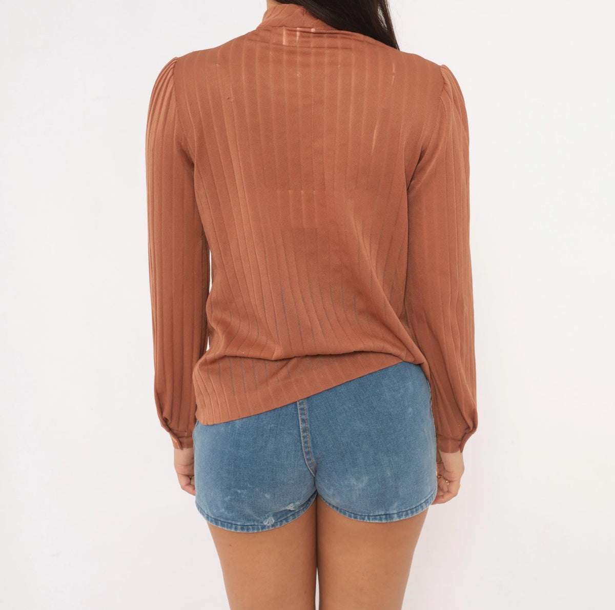 70s Graff Tan Ruffle Jabot Blouse Mock Neck Pleated Semi-Sheer Medium