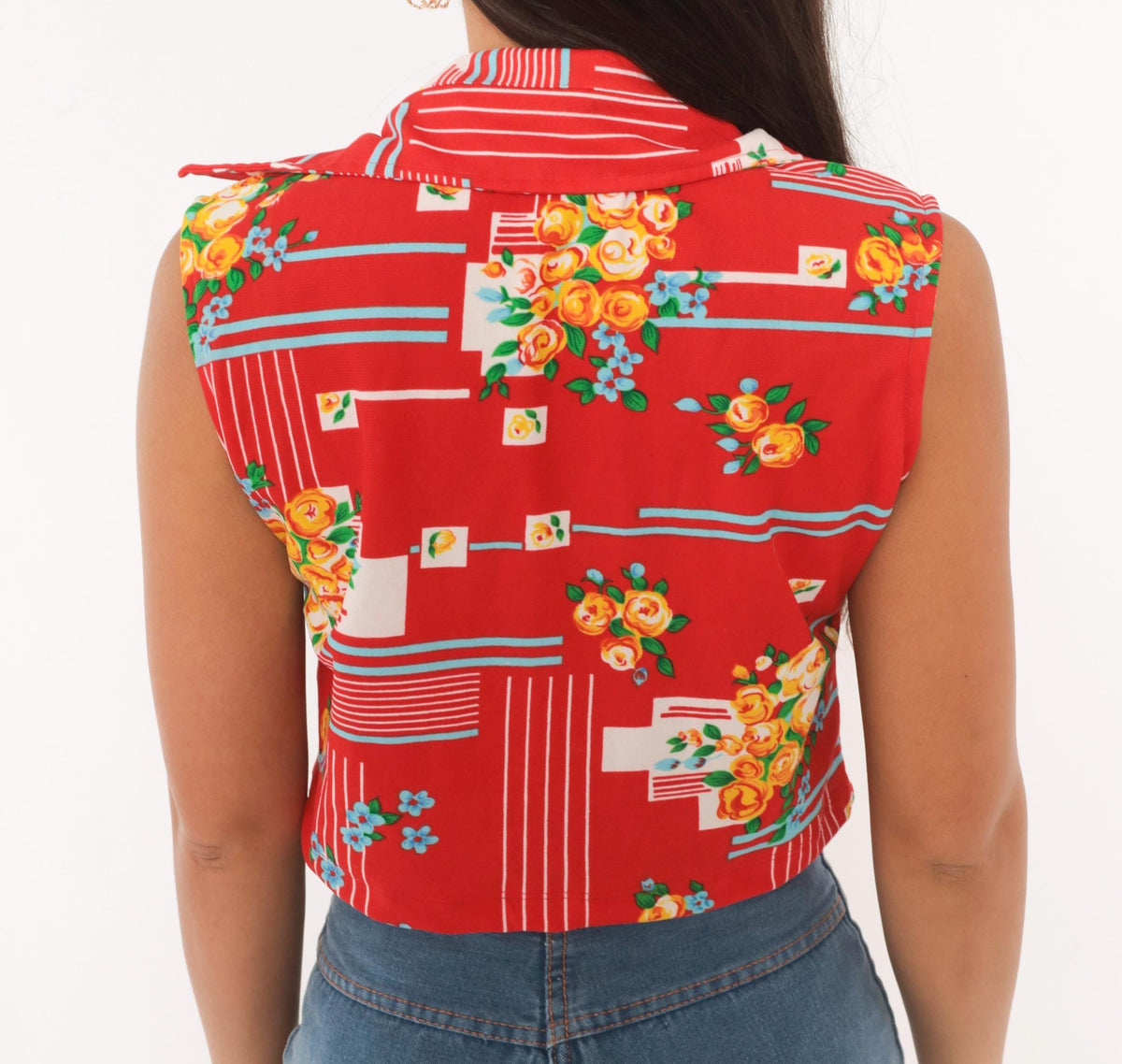 70s Red Floral Crop Top Yellow Rose Print Sleeveless Button Front Blouse Medium