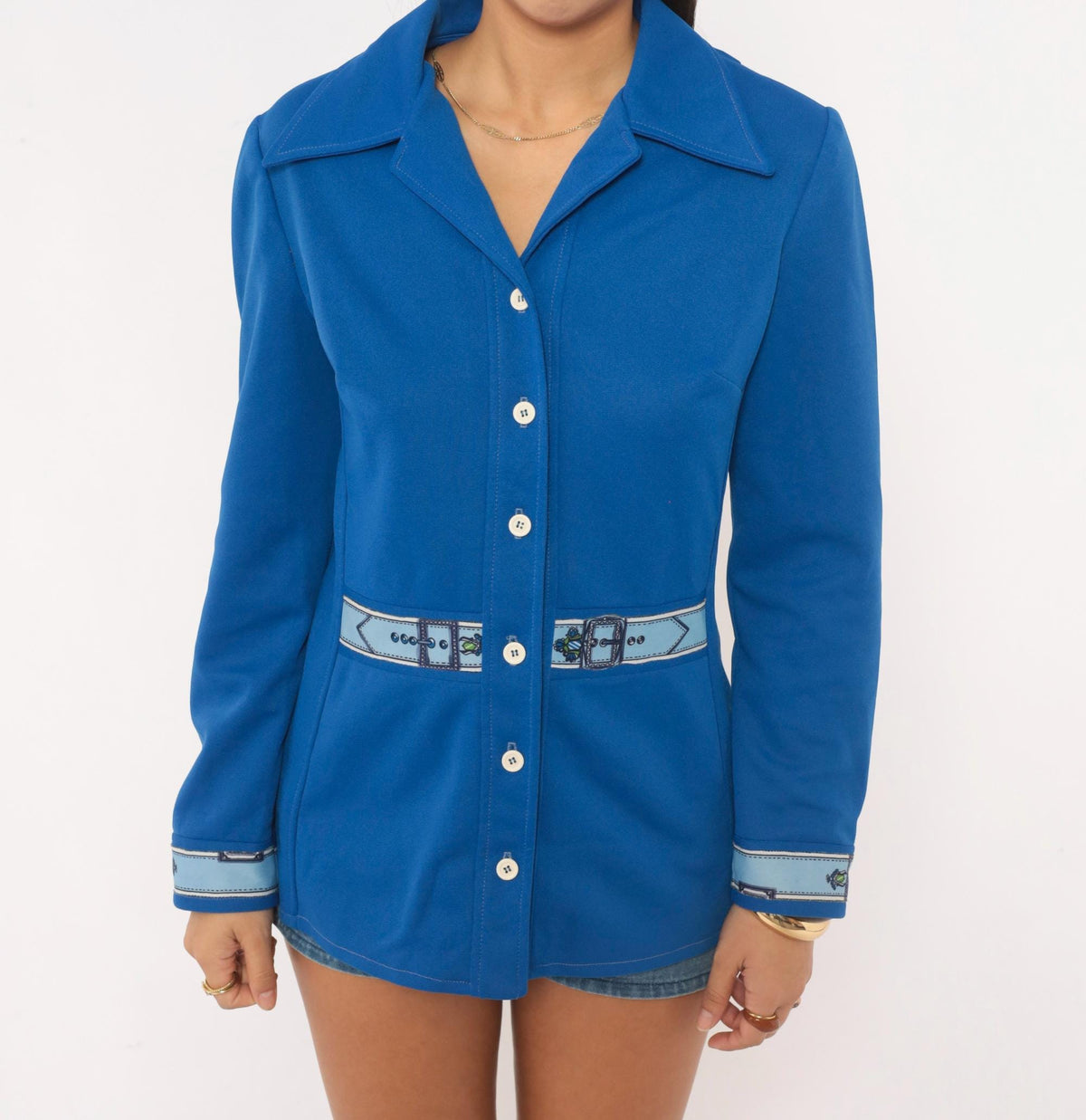 70s Mel Warshaw Cobalt Blue Knit Blouse Trompe L'oeil Belt Buckle Print Medium M