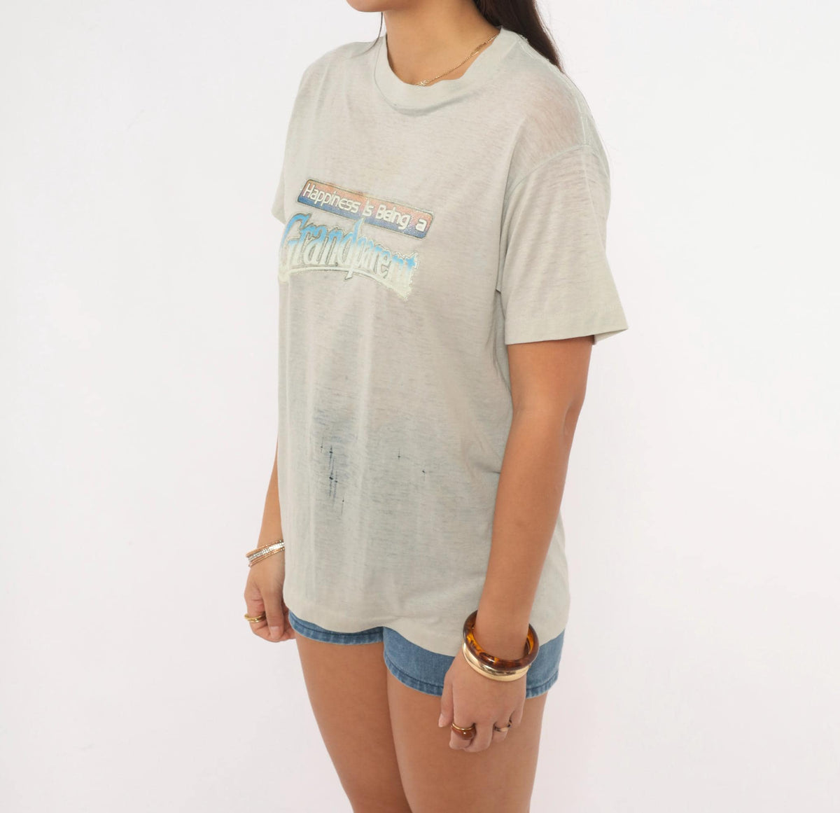80s Grandparent Graphic Tee Grey Glitter Puff Print Cotton Small