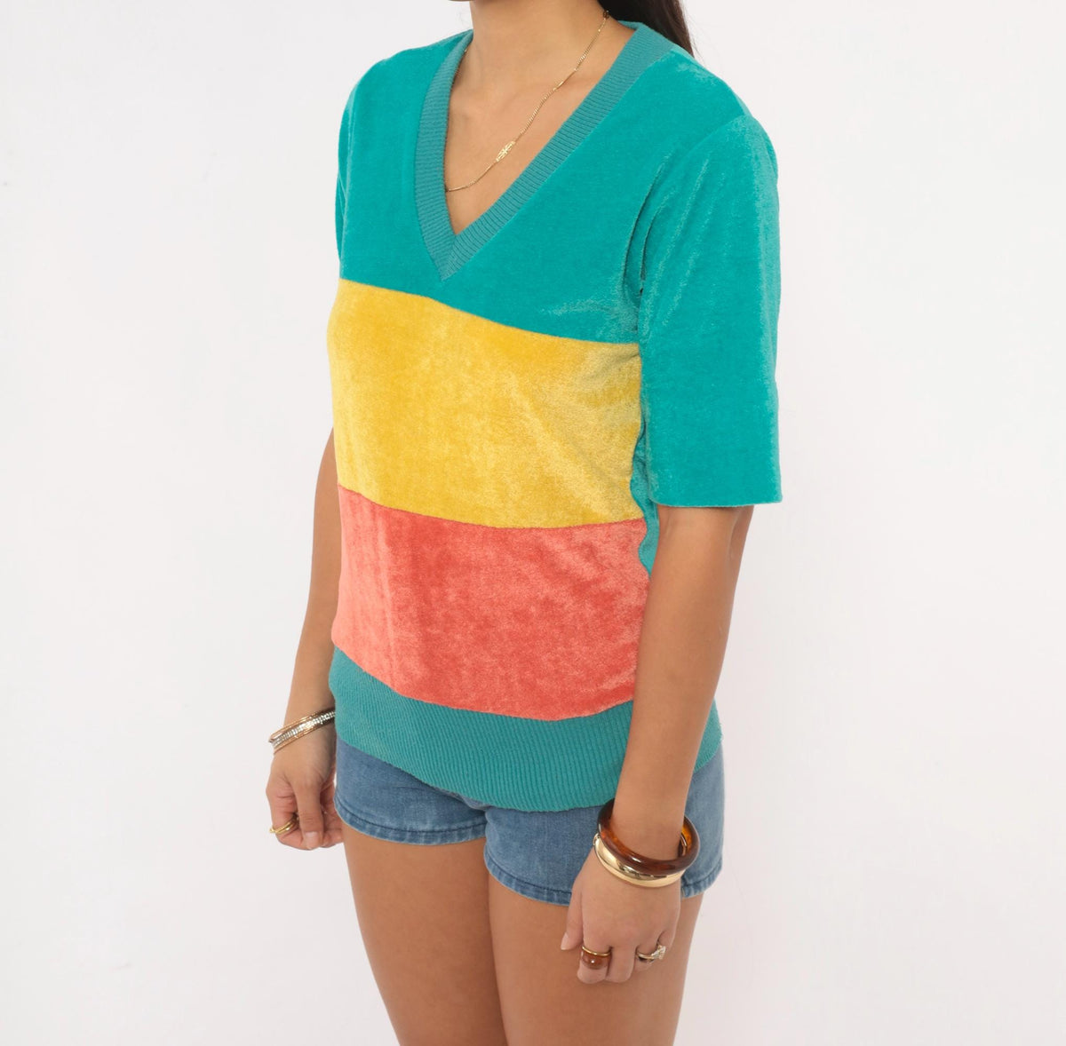 80s Velour Color Block V-Neck Pullover Teal Yellow Coral Medium