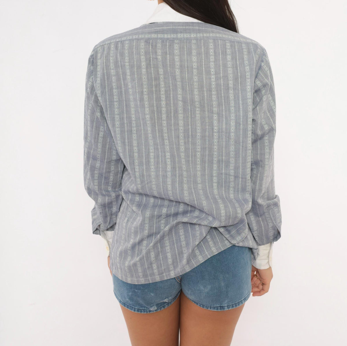 70s Balore Grey Striped Button Up Shirt Contrast Collar Medium