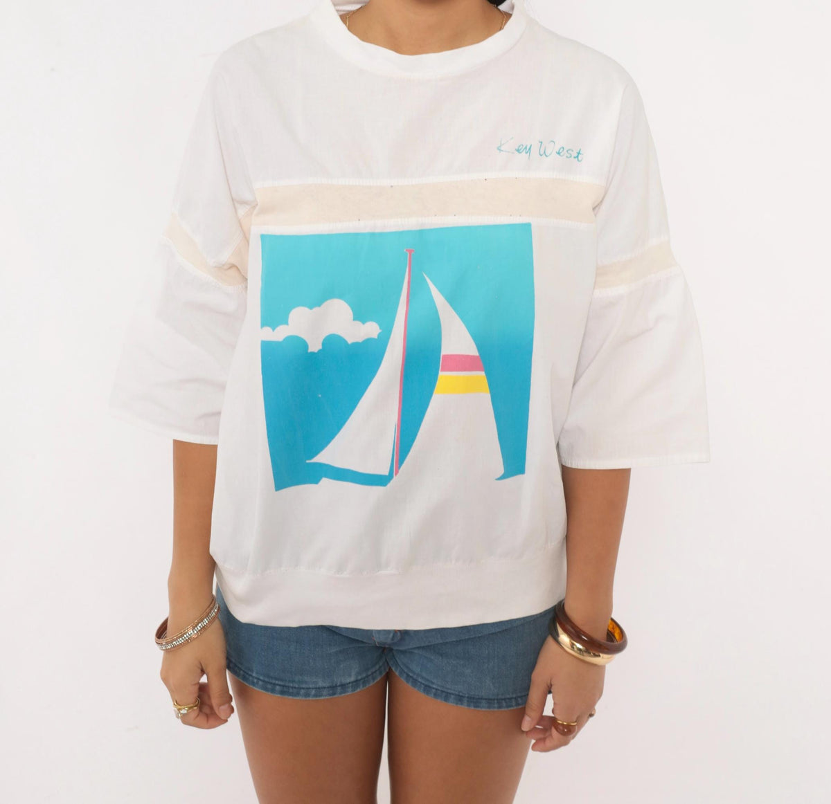 80s Raz Key West Sailboat Graphic Tee White Three Quarter Sleeve Large