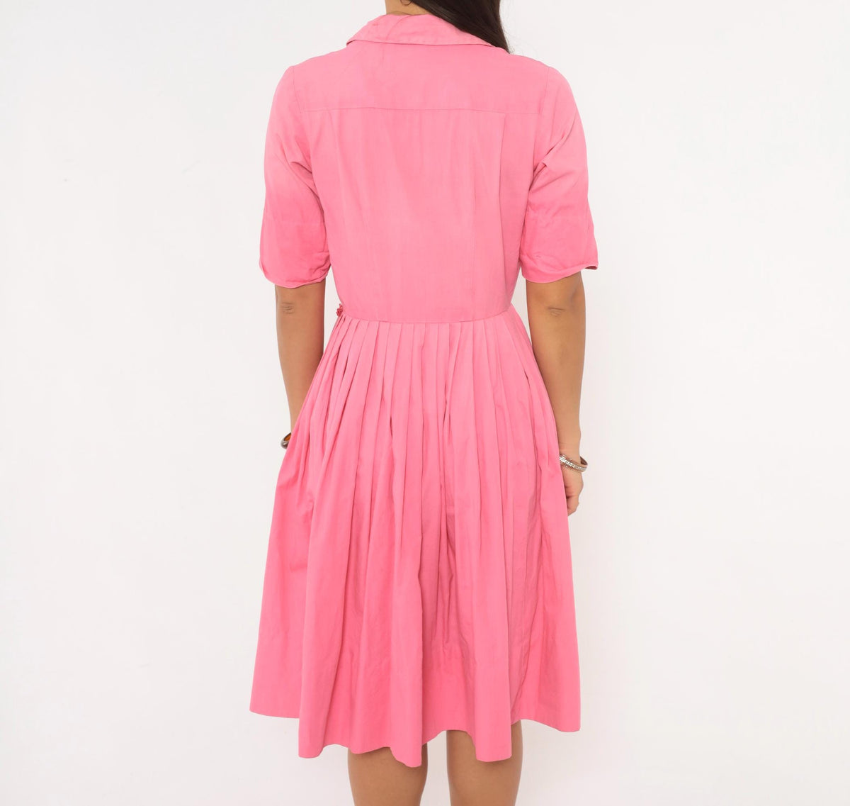 60s Pink Cotton Shirtdress Knife Pleated Knee-Length Button Front Small