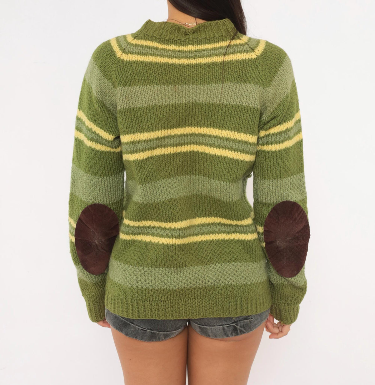 90s Olive Striped Wool Hand Knit Sweater Raglan Brown Elbow Patches Medium