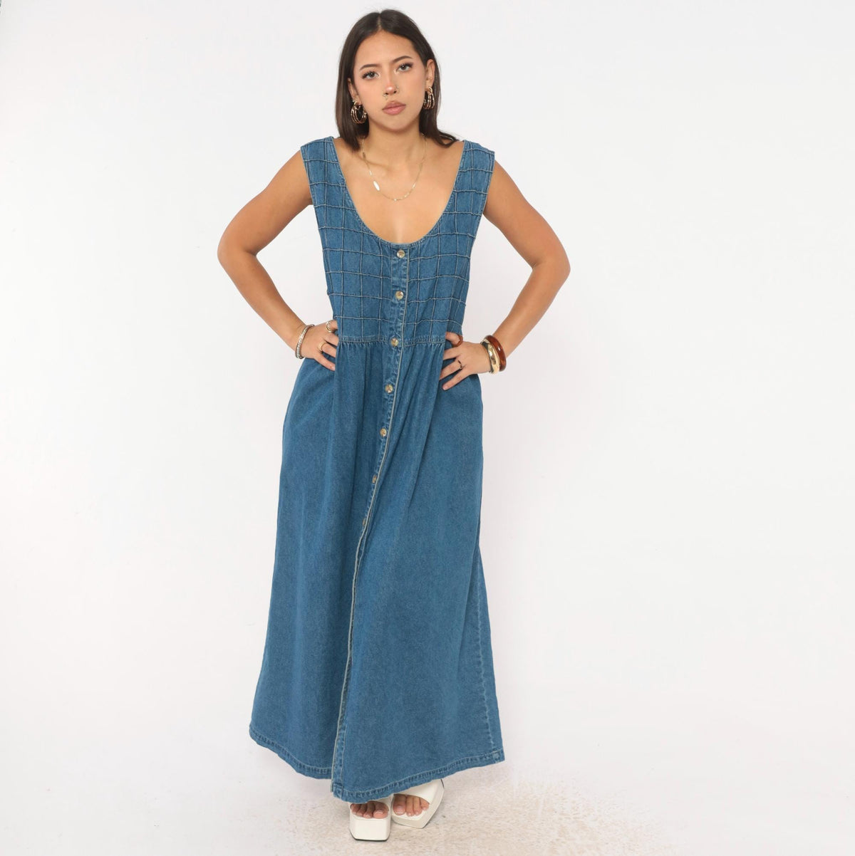 90s TY Original Wear Denim Jumper Dress Navy Cotton Quilted Bodice Plus Size 2X