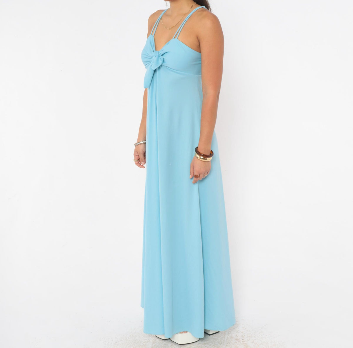 70s Light Blue Maxi Dress Empire Waist Tie Front Spaghetti Strap Extra Small