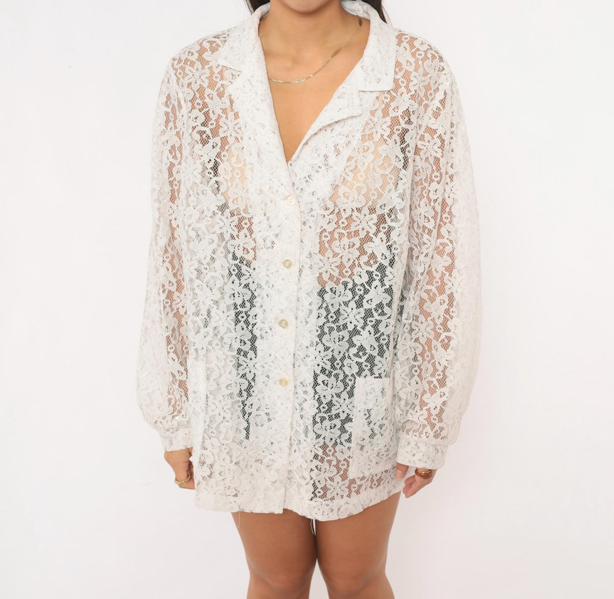 90s White Lace Blouse Sheer Floral Button Front Long Sleeve Patch Pocket Large