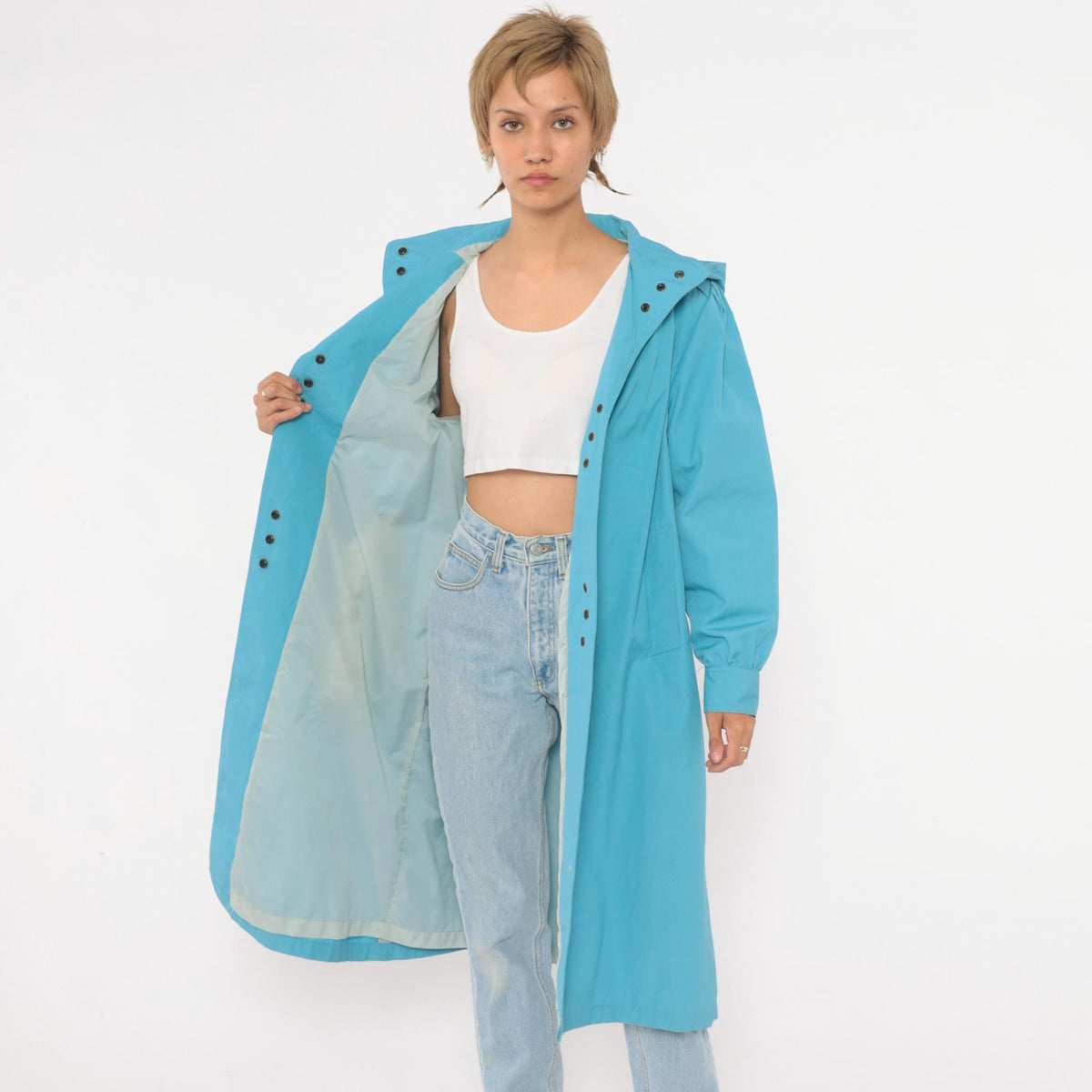 70s Blue Hooded Raincoat Snap Front Trench Puff Sleeve Medium