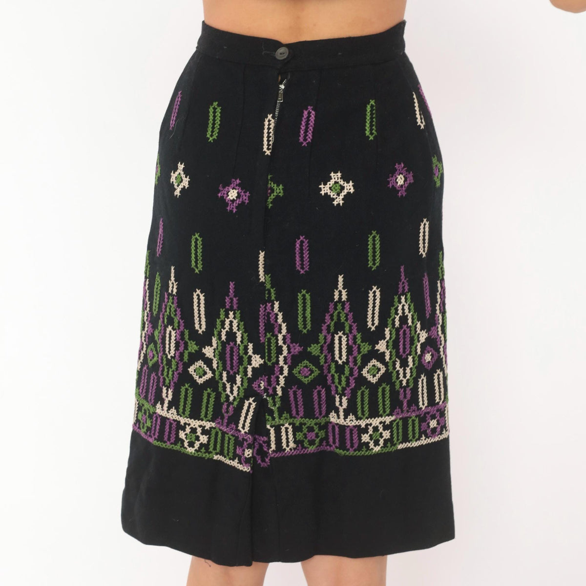 60s Black Wool Embroidered A-Line Skirt Purple Green Cross Stitch Extra Small XS