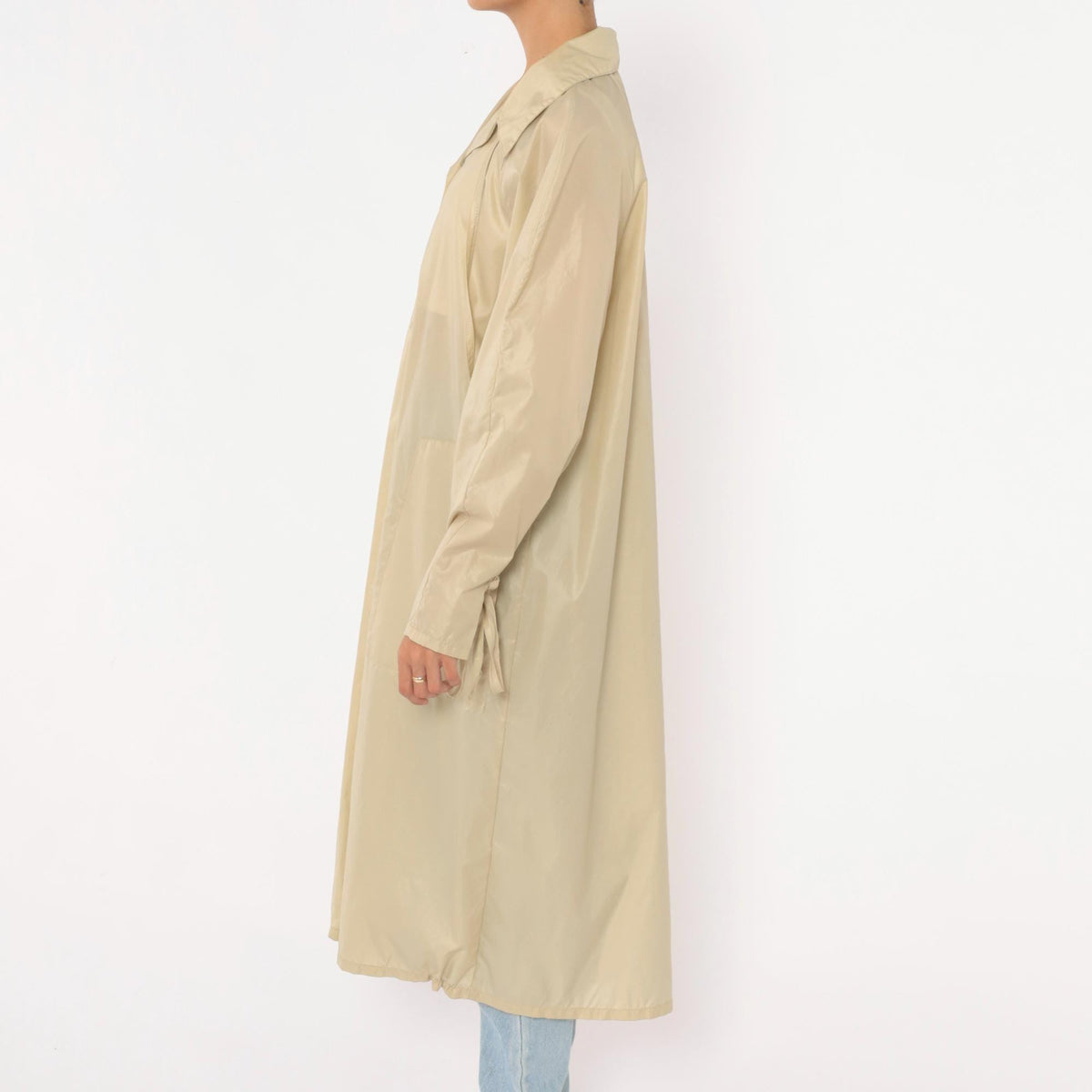 80s Aqua Sheen Cream Nylon Trench Coat Pointed Collar Midi Length Medium M