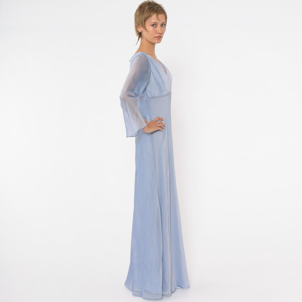 90s Michaelangelo Periwinkle Maxi Dress Empire Waist Beaded V Neck Small