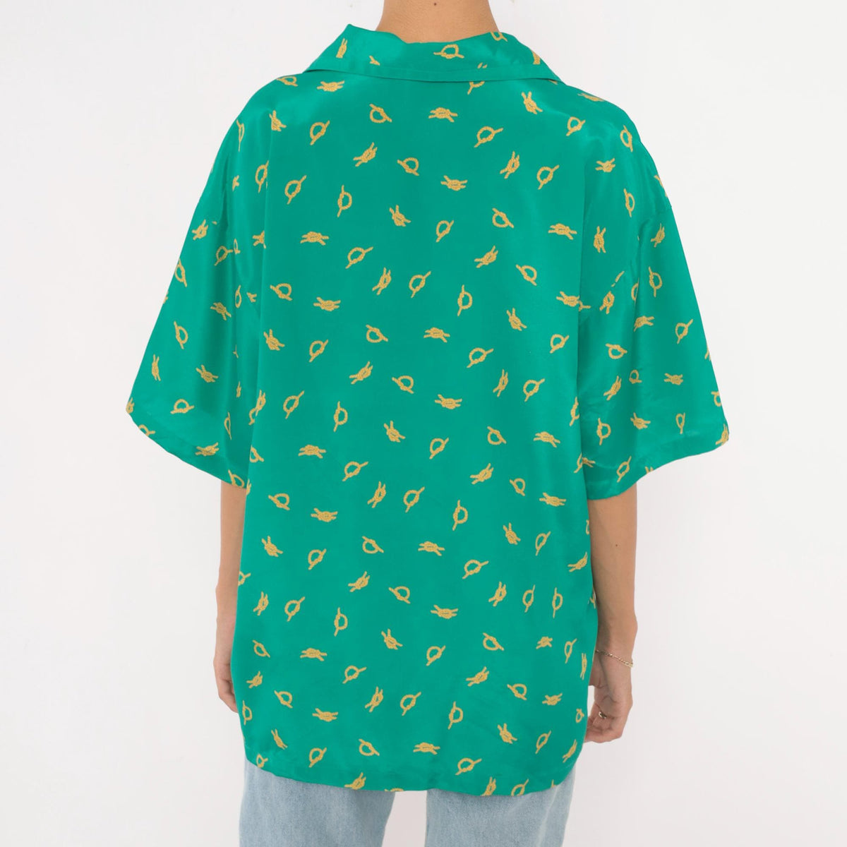 90s Leslie Fay Nautical Knot Print Blouse Teal Camp Collar Large L