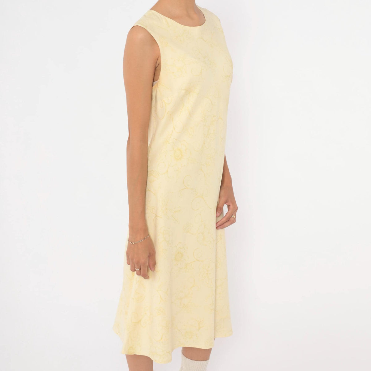 Y2K Tommy Bahama Silk Dress Yellow Floral Sleeveless A-Line Knee Medium M