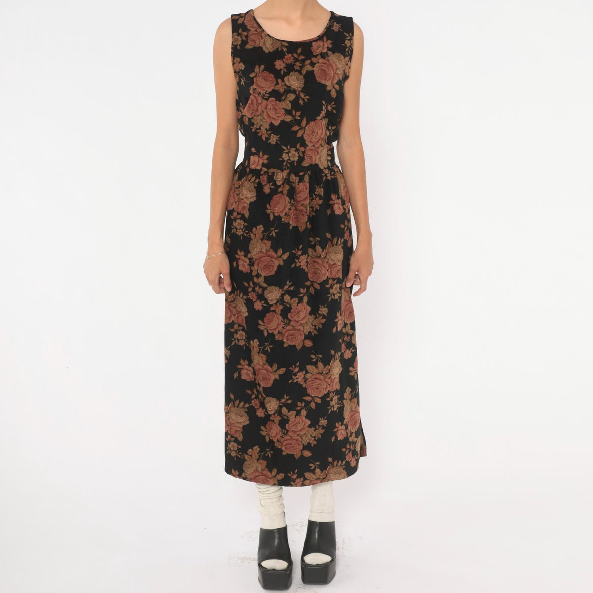 90s Black Floral Velour Dress Rose Print Tie Back Ankle Length Small S