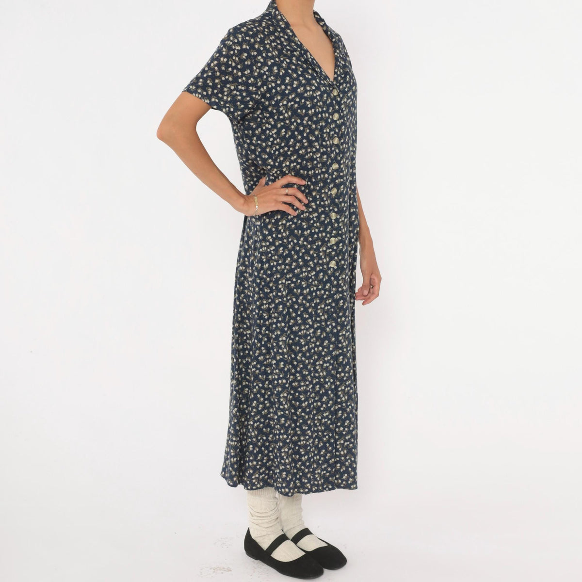 90s Chico's Design Navy Floral Midi Shirt Dress Pearl Buttons Medium M