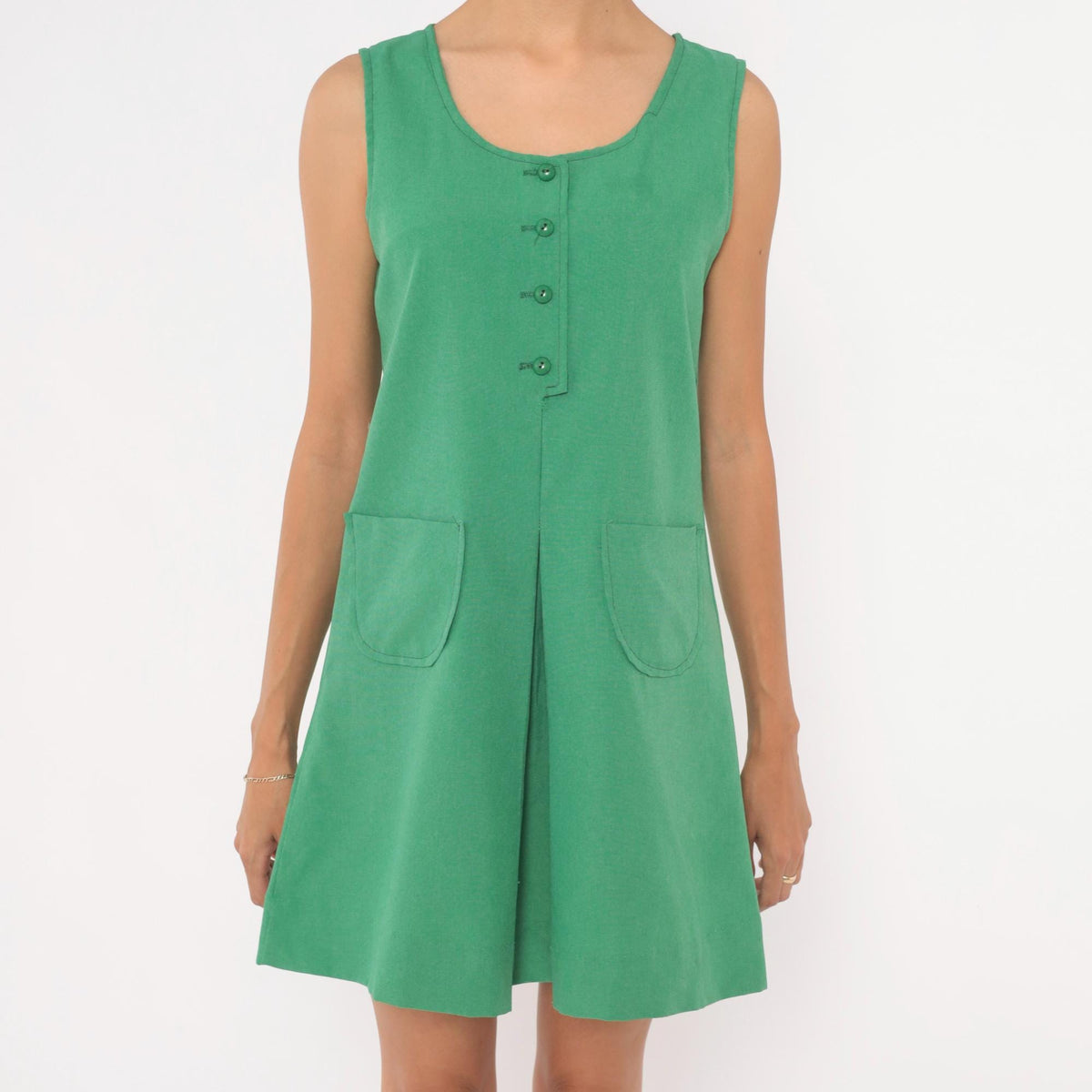 80s Kelly Green Mini Dress Sleeveless A-Line Shift Scoop Neck Extra Small XS