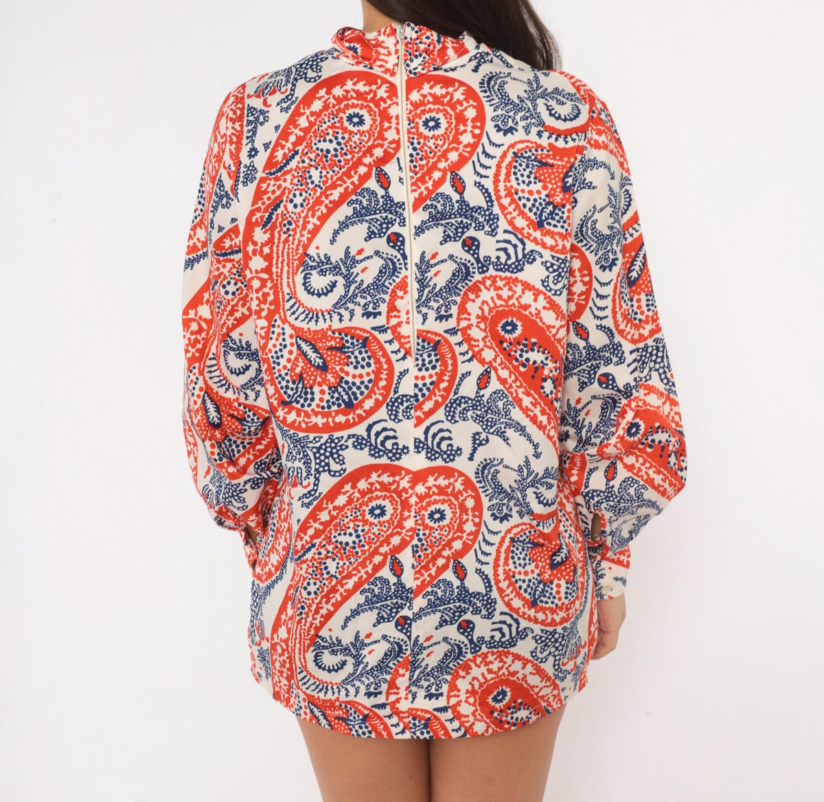 70s Paisley Mock Neck Blouse Red Navy Bishop Sleeve Tunic Medium M