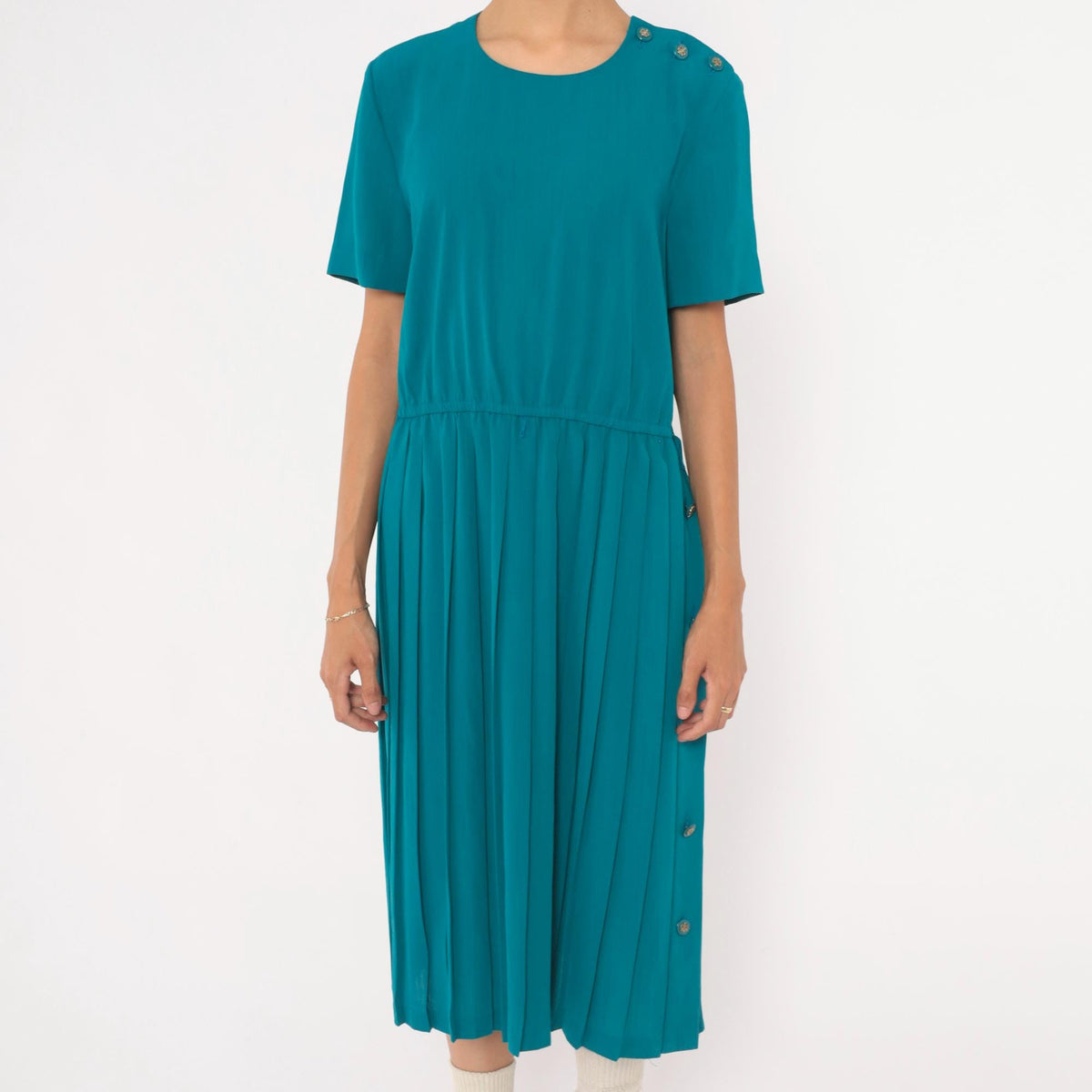 80s Leslie Fay Teal Pleated Midi Dress Shoulder Pads Accordion Skirt Small