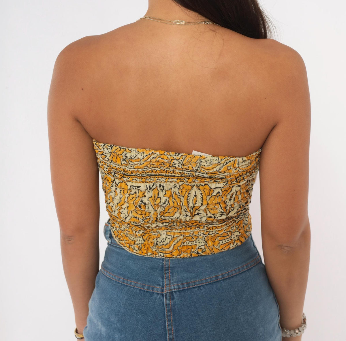70s Yellow Mustard Block Print Smocked Tube Top Strapless Crop Cotton Extra Small
