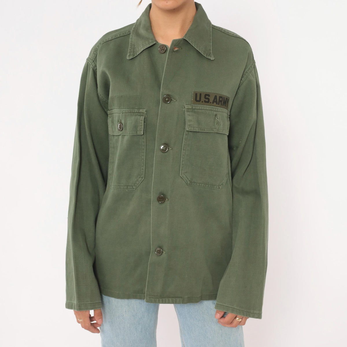 90s US Army Olive Green Button-Up Shirt Cotton Utility Field Top Small