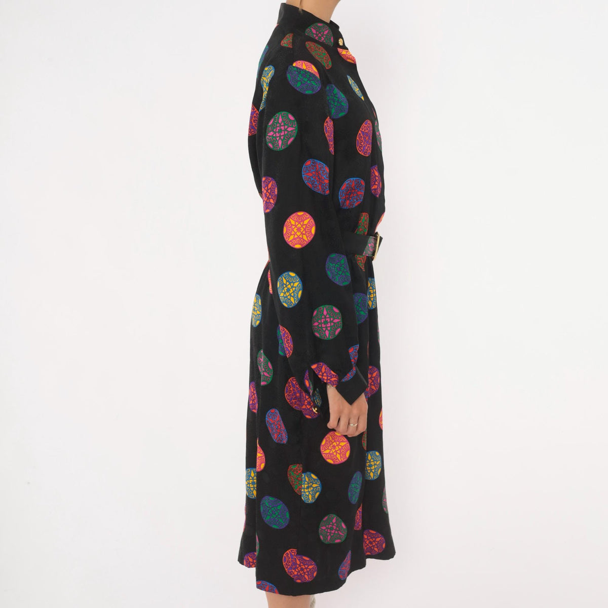 80s Gay Boyer Collections Black Silk Midi Dress Medallion Print Mandarin Collar Medium