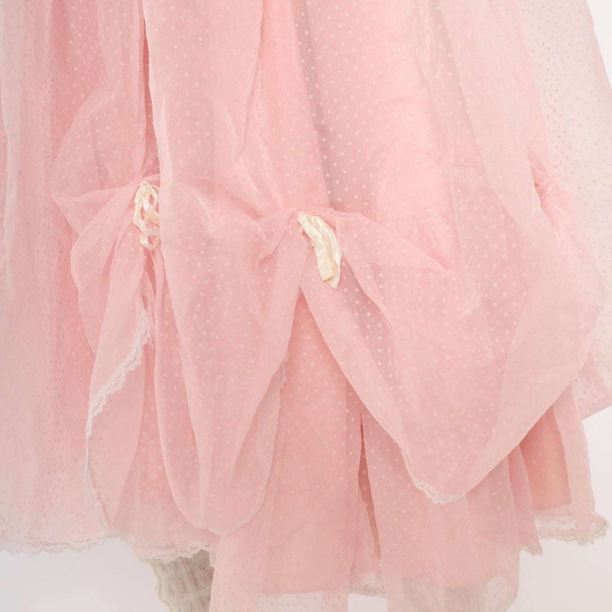 70s Pink Swiss Dot Midi Party Dress Ruffle Neckline Lace Trim XXS