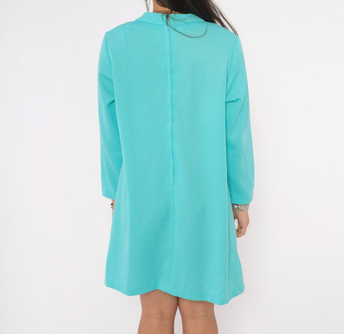70s Teal Shift Dress Beaded Sequin Floral Mock Neck Long Sleeve A-Line Plus Size Extra Large
